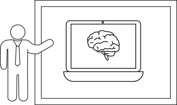 un palo figura regalos un ordenador portátil con un cerebro en sus pantalla todas dentro un rectangular marco vector