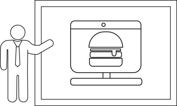 A stick figure presents a computer screen displaying a burger set inside a doublelined frame vector