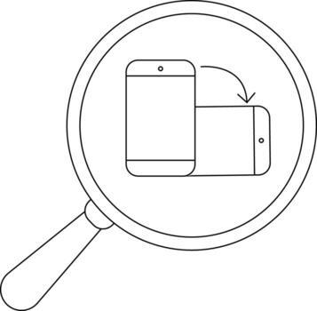 A magnifying glass frames two phones one vertical and one horizontal with a curved arrow between them vector