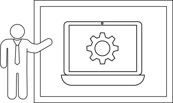 A stick figure stands next to a laptop displaying a gear within a frame vector