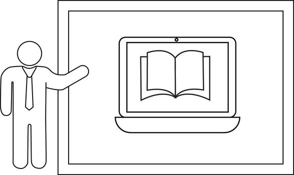 Outline of a person presenting a laptop displaying an open book inside a square frame vector
