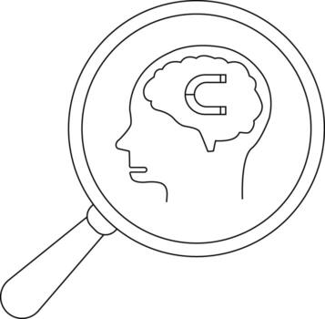 A magnifying glass focuses on a head profile with a brain containing a magnet inside vector