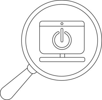 Magnifying glass focuses on a monitor displaying a power button symbol vector