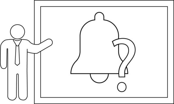 A person presents a board showing a bell icon overlapping a question mark symbolizing uncertainty or an alert vector