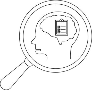 Magnifying glass view of a head outline with a brain containing a checklist vector