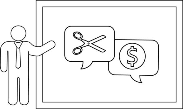 Stick figure presenting a whiteboard with speech bubbles containing scissors and a dollar sign vector
