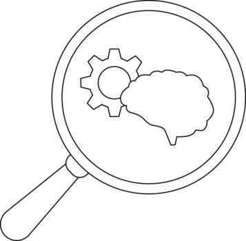 A magnifying glass encloses a brain and gear symbolizing analysis of thought processes vector