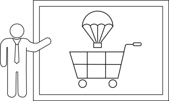 Man presenting a graphic featuring a parachute delivering goods into a shopping cart within a bordered frame vector