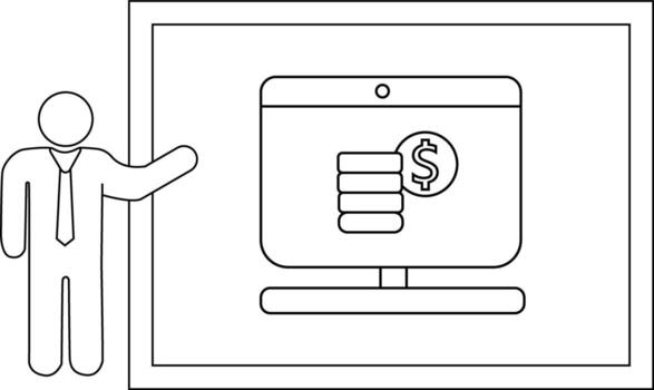 Stick figure gesturing toward a computer showing stacked coins and a dollar sign within a frame vector