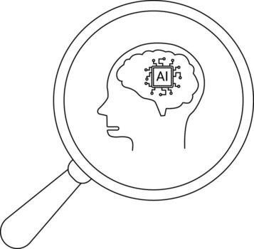 Head with brain inside containing chip with AI letters viewed through a magnifying glass vector