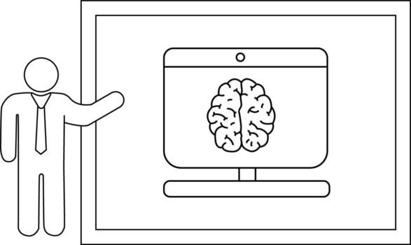 línea Arte representa un presentador junto a un pantalla con un cerebro en eso conjunto dentro un marco vector
