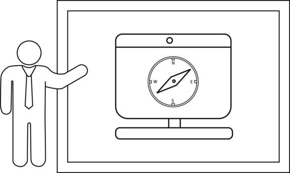 Man presents monitor displaying a compass on screen within a framed space vector