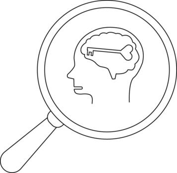A head profile containing a brain with a key viewed through a magnifying glass vector
