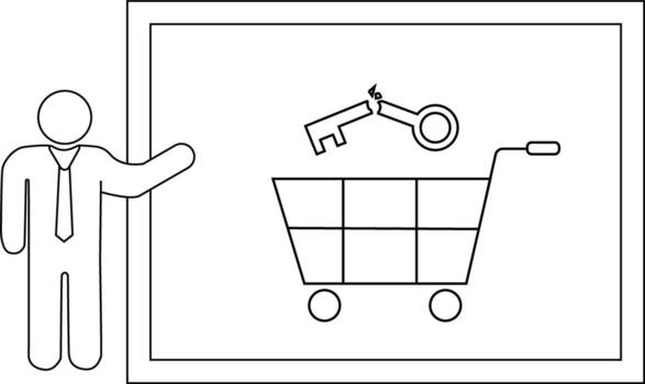 A stick figure pointing to a board with a shopping cart and a broken key vector