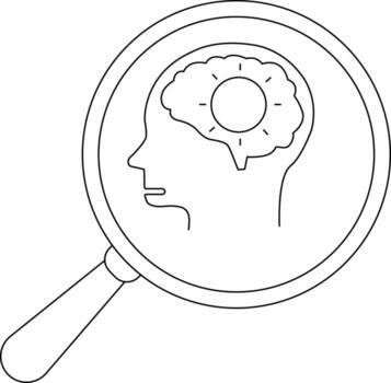 Magnifying glass focuses on a head outline containing a brain shape with a circle and lines within vector