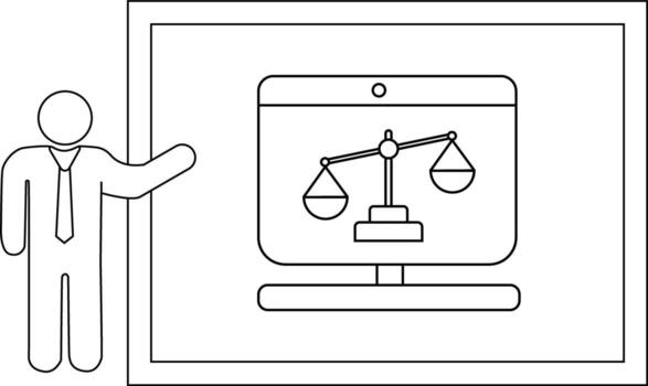 Outline drawing A person stands beside a screen displaying the scales of justice within a frame vector