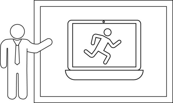 Presentation with a presenter gesturing towards a laptop displaying a running figure vector