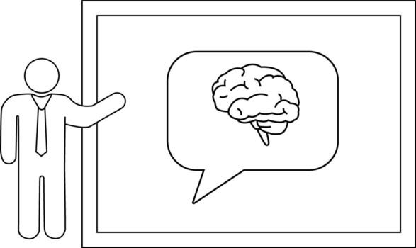 A diagram of a presenter pointing to a brain inside a speech bubble on a whiteboard vector