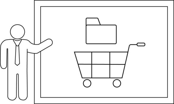 Stick figure presenting a whiteboard showing a folder in a shopping cart vector