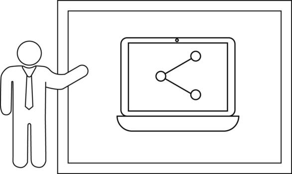 Outline drawing stick figure giving a presentation of a laptop screen displaying a Yshaped network symbol vector