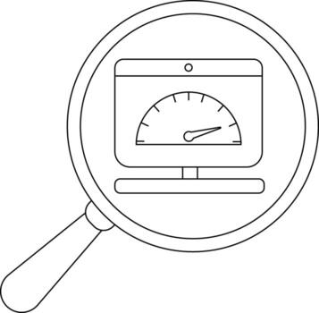 A magnifying glass magnifies a computer monitor displaying a speedometer vector