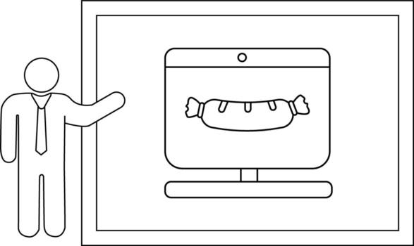 Line drawing Presenter shows sausage on a computer screen within a frame vector