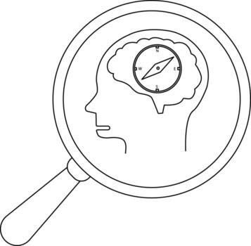 A head with a brain containing a compass all viewed through a magnifying glass vector