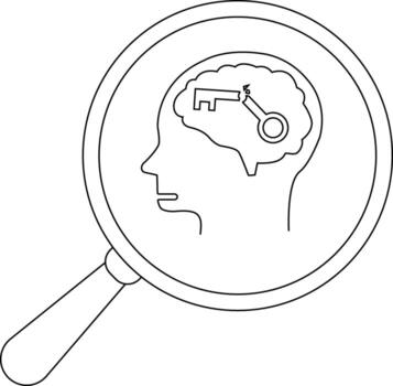 A magnifying glass focuses on a head with a brain revealing a broken key inside vector