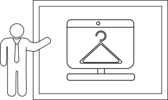 Line art of a stick figure pointing to a screen displaying a hanger set within a frame vector