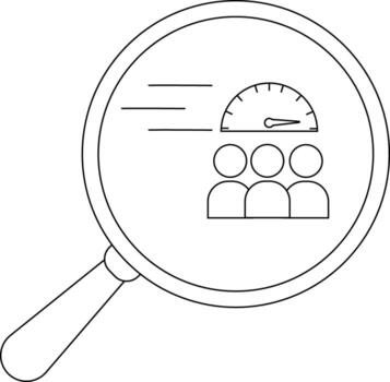 Magnifying glass shows a team speed dial and movement lines depicting performance or efficiency analysis vector