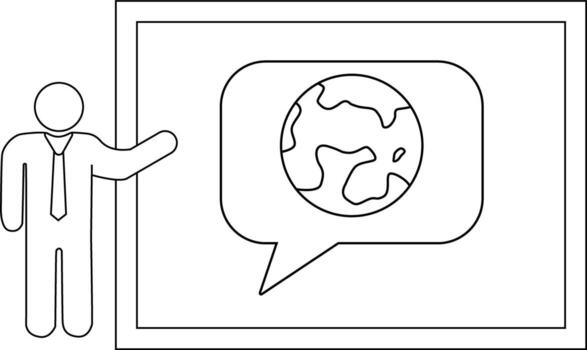 un figura gestos a un pizarron con un habla burbuja conteniendo un globo vector