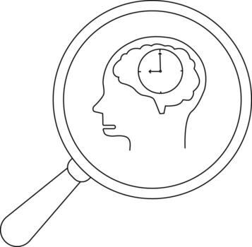 A magnifying glass reveals a head outline within is a brain containing a clock face vector