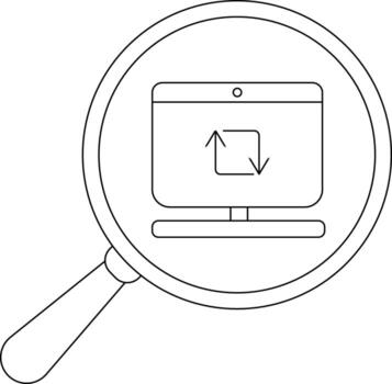 A magnifying glass showcases a computer monitor screen with a refresh icon vector
