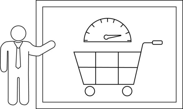 A person points to a shopping cart with a gauge above inside a frame vector