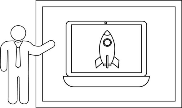 palo figura señalando a un ordenador portátil mostrando un cohete dentro un marco vector