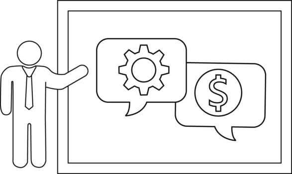 un palo figura dando un presentación en engranajes y dinero dentro un bordeado marco vector