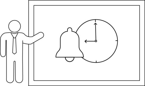 persona señalando a un pizarron con un campana y reloj dibujado en eso vector