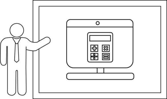 A person presents a computer screen displaying calculator functions within a framed area vector