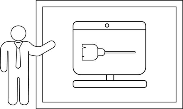 Stickfigure presenter stands beside a screen showing a brushlike computer cable all within a rectangular frame vector