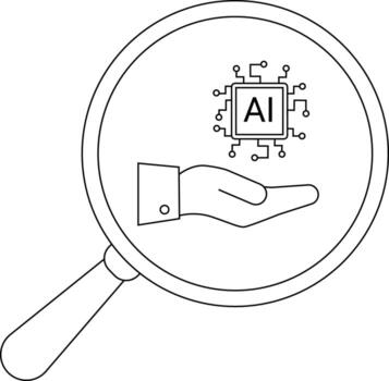 A magnifying glass focuses on a hand presenting an AI chip emphasizing technological exploration vector