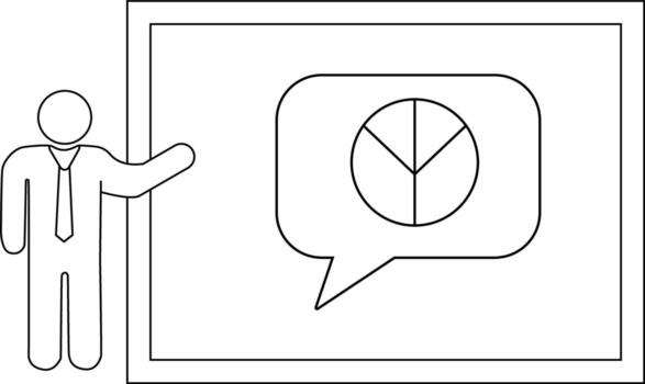 contorno muestra figura señalando a tablero con tarta gráfico en un habla burbuja vector