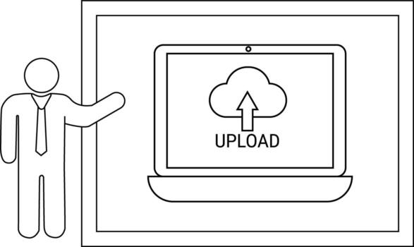 A diagram showing a person gesturing towards a laptop displaying an upload icon within a framed border vector