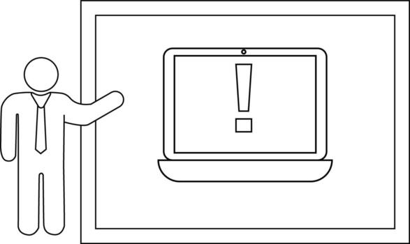 Line art shows presenter beside screen displaying exclamation point within framed presentation backdrop vector
