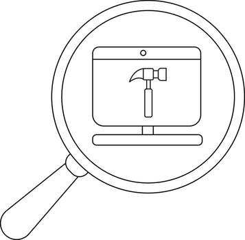 A magnifying glass focuses on a computer screen displaying a hammer icon vector