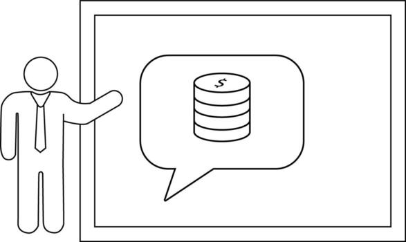 A stick figure presents a stack of coins with a dollar sign on top inside a speech bubble on a board vector