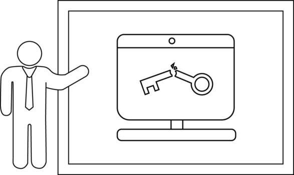 A stick figure presents a framed screen displaying a broken key vector