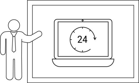 Stick figure pointing to a laptop displaying a 24 graphic with a halfcircle arrow vector
