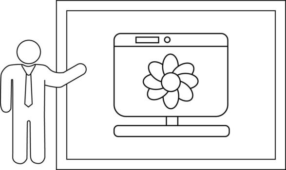 A person in a tie presents a monitor displaying a flower set within a framed display vector
