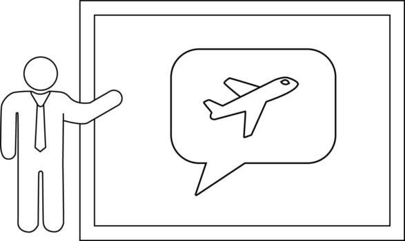 Stick figure points to a whiteboard with an airplane inside a speech bubble vector