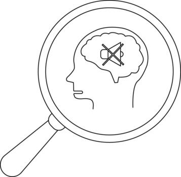 A magnifying glass focuses on a head outline with a brain containing a mute symbol vector